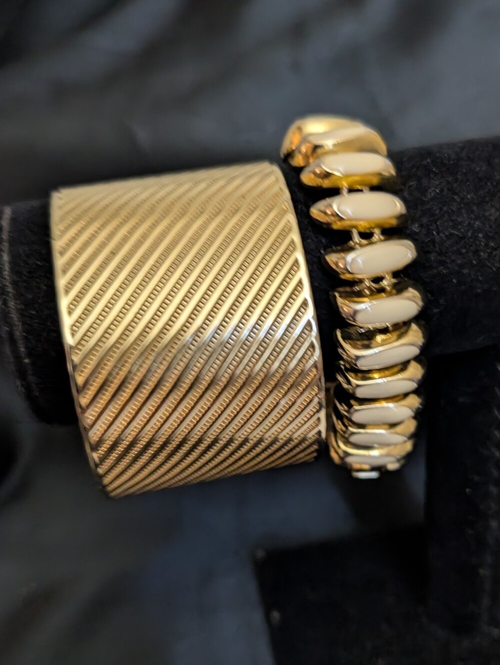 Vintage Gold Striped Gold Cuff & Gold & Enamel Link Bracelet